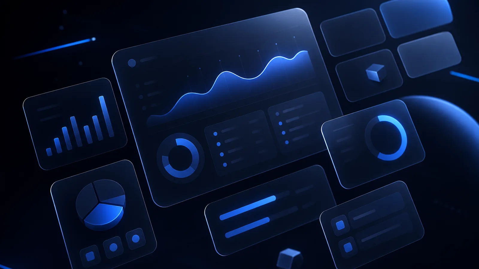 Conceptual floating glassmorphic business operations panels