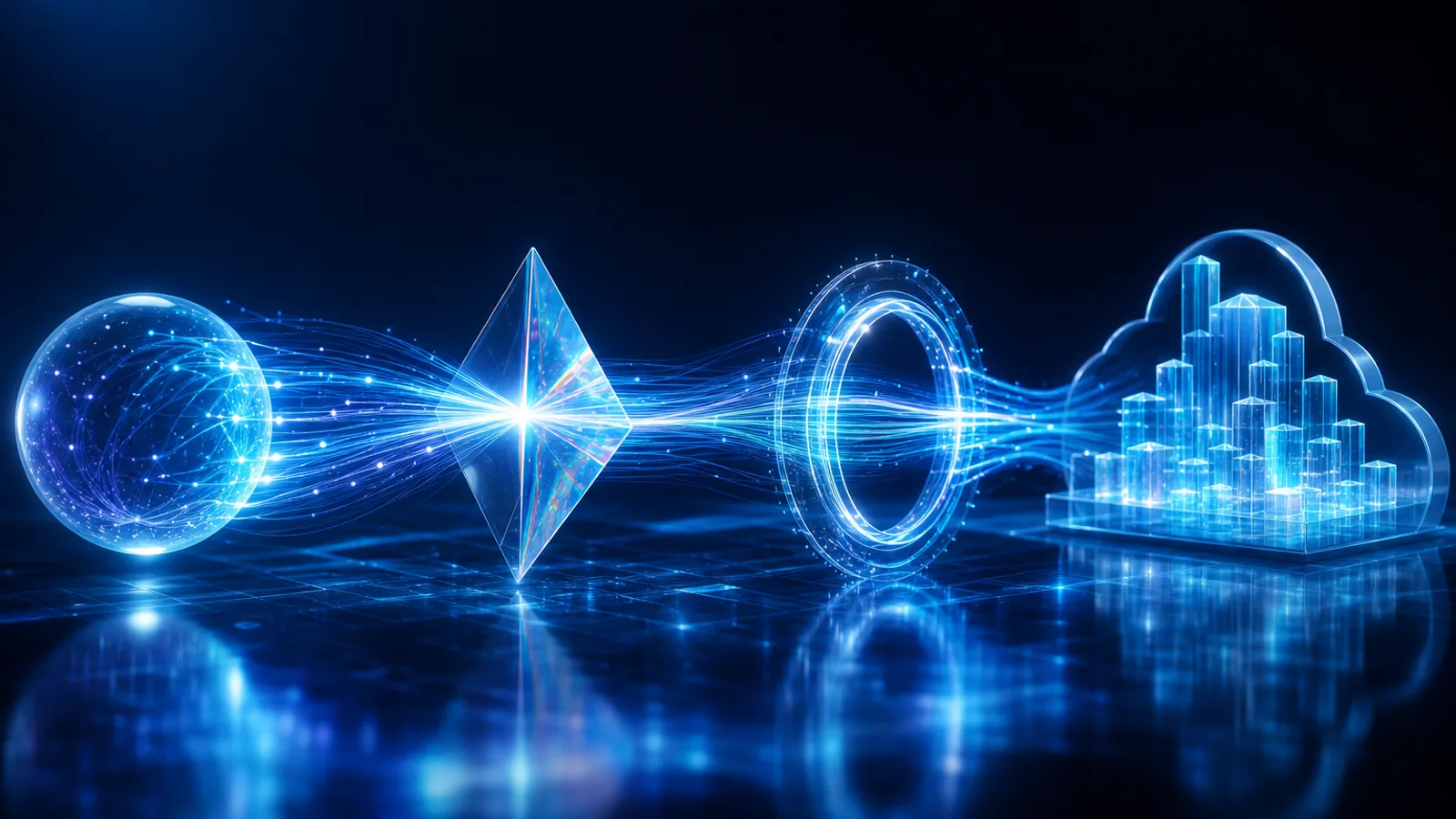 Conceptual glowing data pipeline flowing into a cloud warehouse