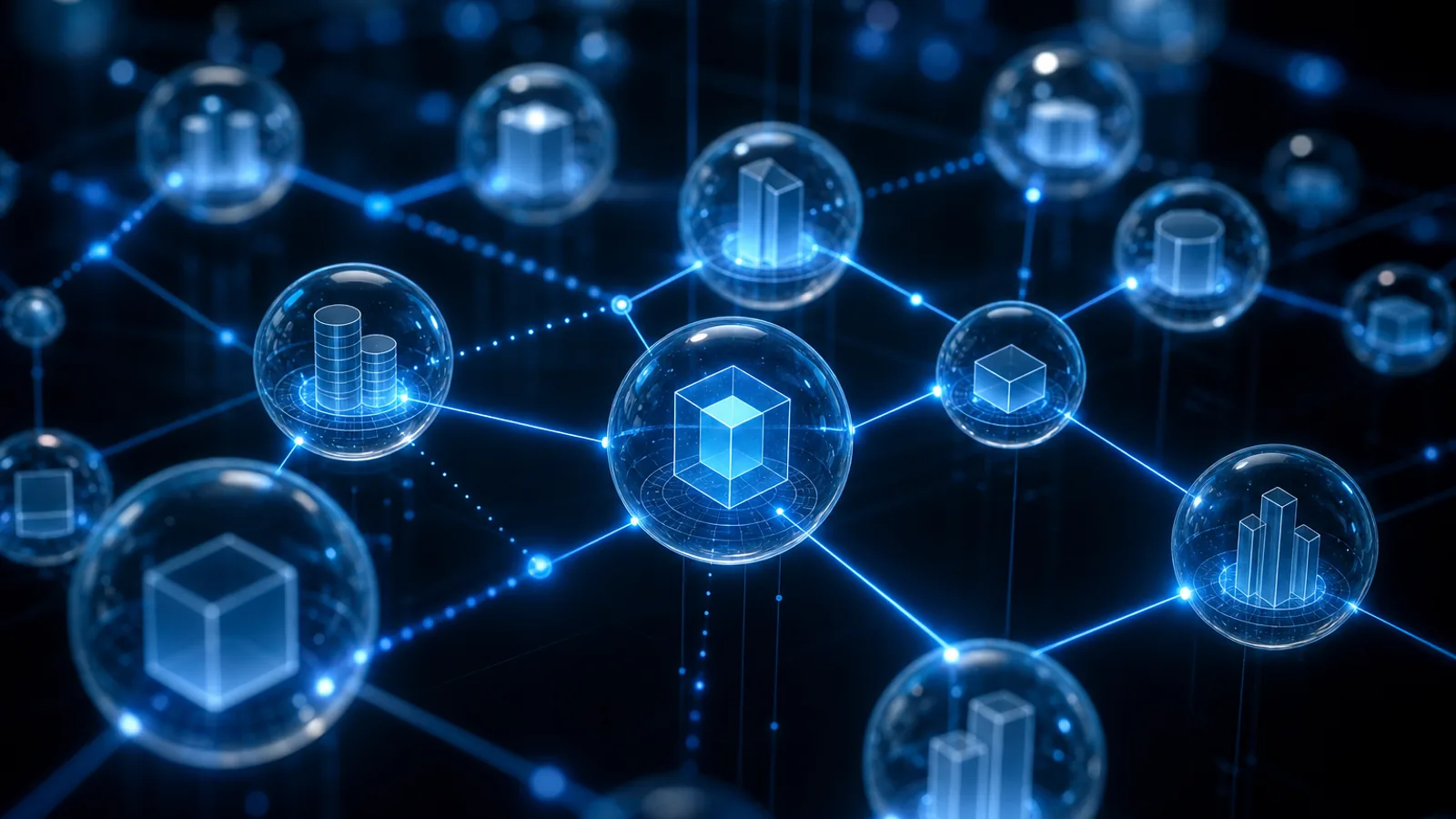 Conceptual glowing knowledge graph of connected financial entities